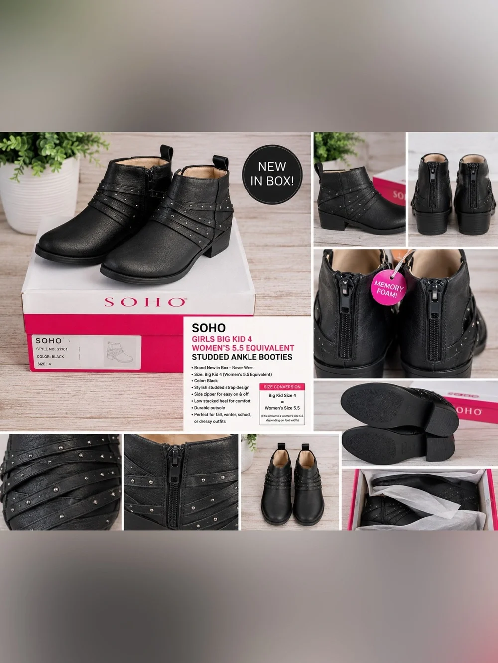 NEW SOHO Girls Big Kid 4 / Women’s 5.5 Studded Ankle Booties
